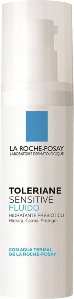 A white bottle of La Roche-Posay Toleriane Sensitive Fluido with text and a blue square logo.