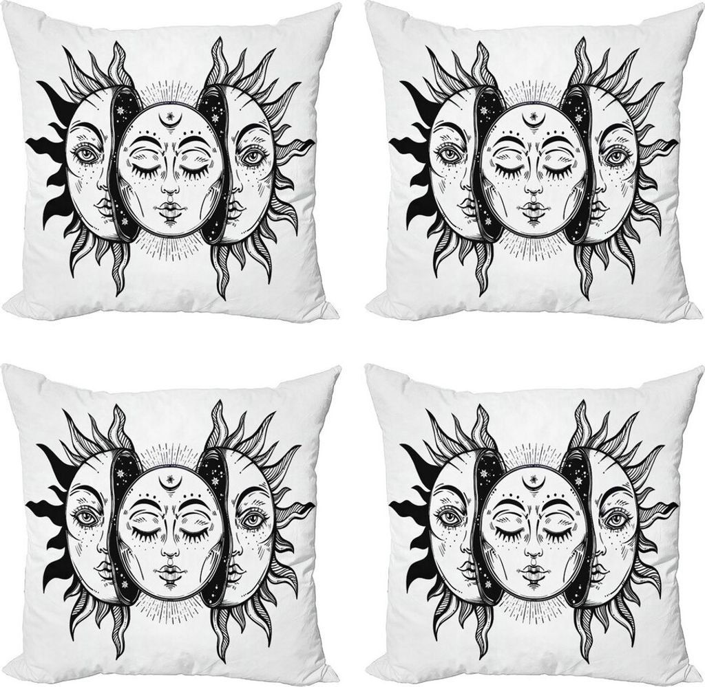 ABAKUHAUS Mond Kissenbezug Set (4 Stück), Monochrome Sonne und Mond, Moderner Doppelseitiger Digitaldruck, 50 cm x 50 cm, Schwarz-Weiss