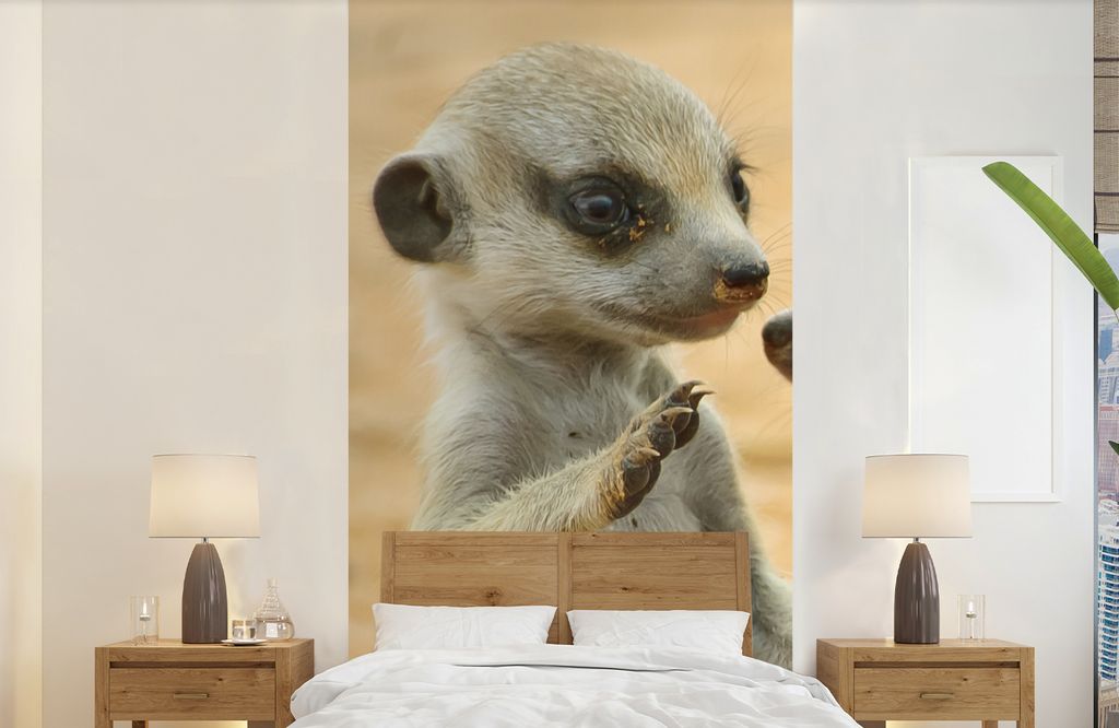 MuchoWow Fototapete für Wohnzimmer oder Schlafzimmer Wandtapete Vinyl Motivtapete Erdmännchen - Braun - Tier - 120x240 cm - Hintergrundbild