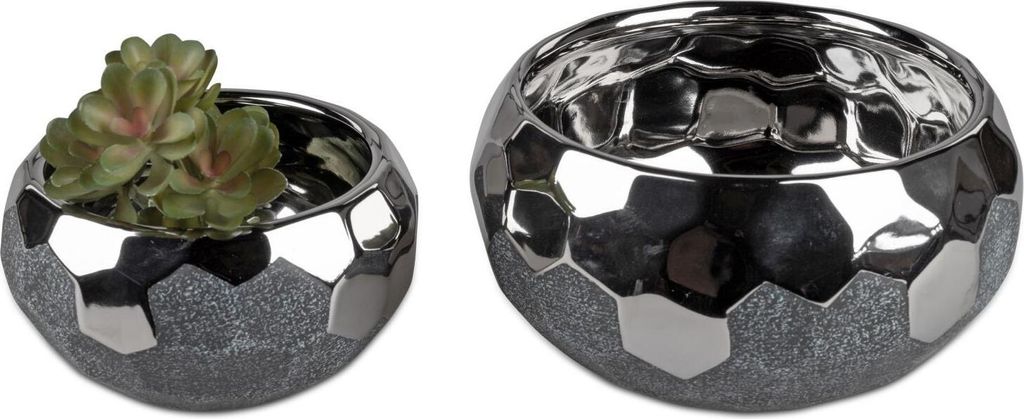 2er Set Dekoschalen Gefäße ANTHRAZIT rund 15 + 20cm grau silber Keramik Formano