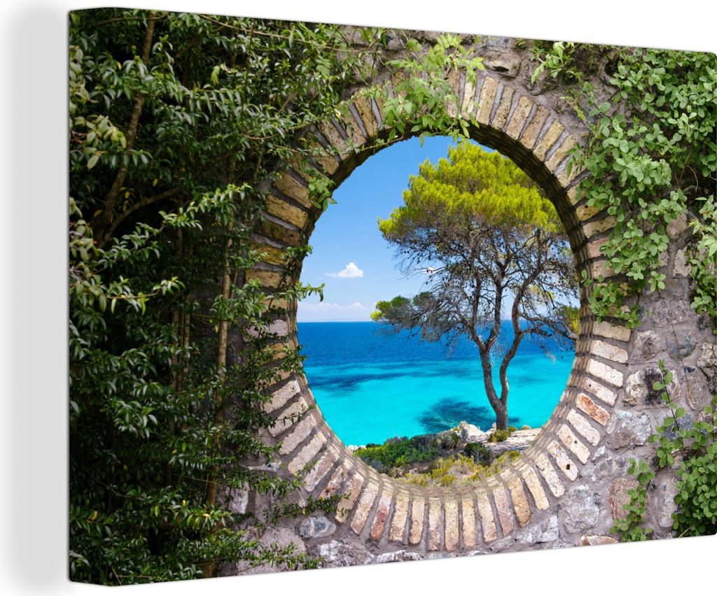 OneMillionCanvasses - Leinwandbilder - 150x100 cm, Meer - Baum - Tropisch - Ausblick, - Geöffnetes Fenster - Fensterblick Schlafzimmer Kunstdruc...