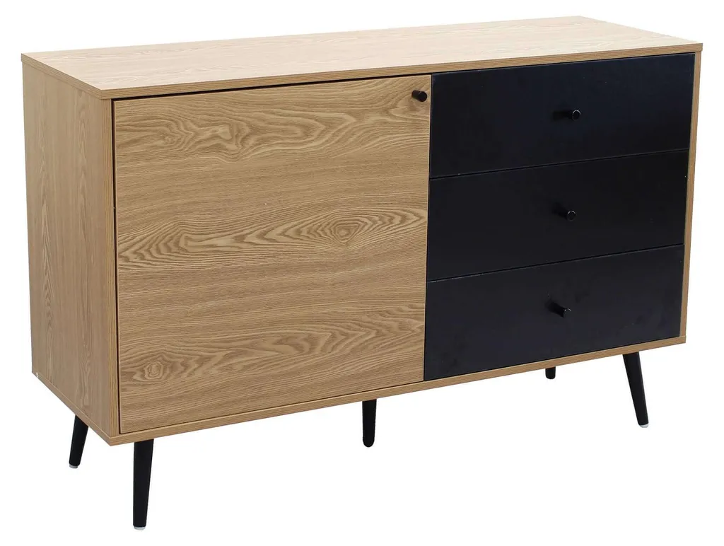 Commode buffet de chambre Classic en bois, rangement 1 porte 3 tiroirs
