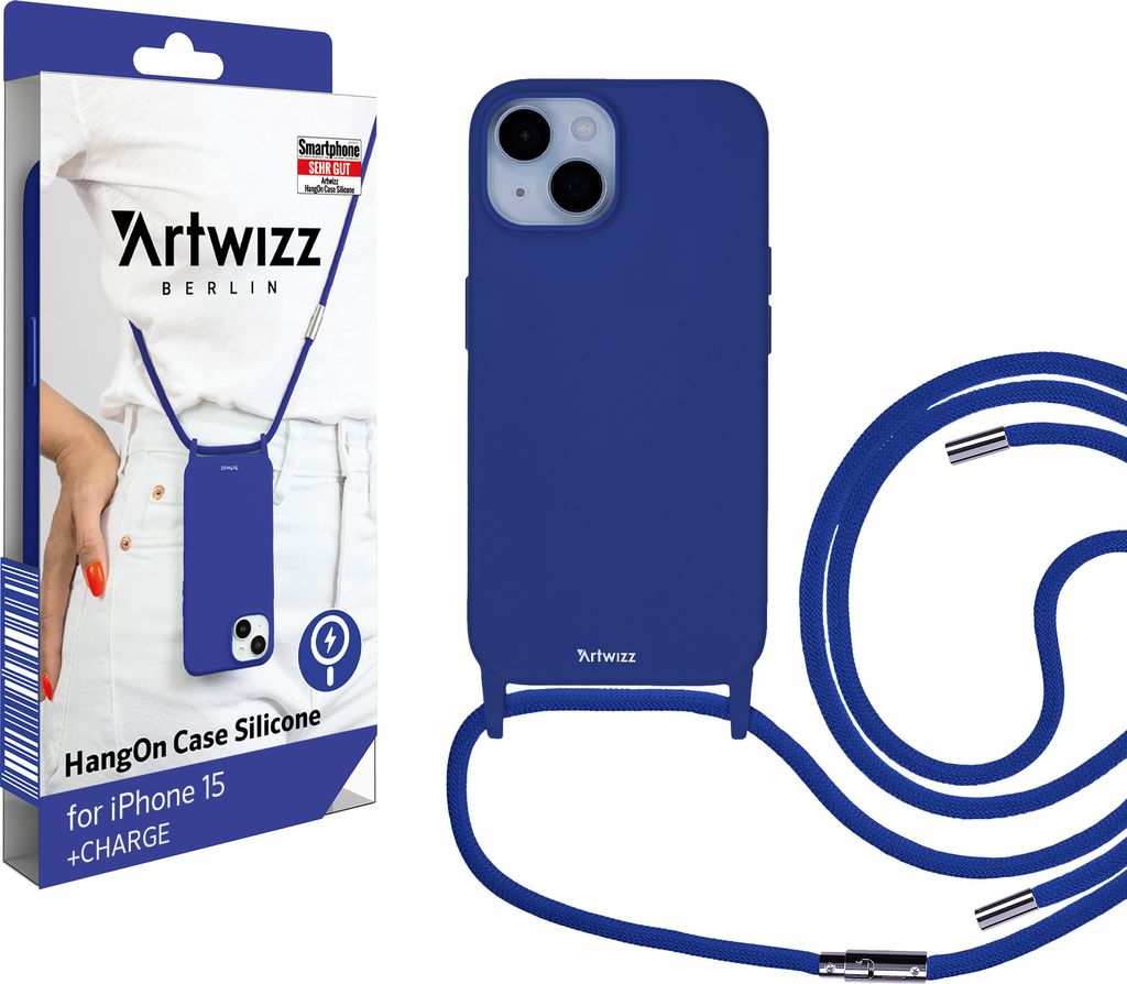 ARTWIZZ HangOn Case Silicone +CHARGE für iPhone 15 - Silikon Handykette mit Magnetring Ladefunktion - Kings-Blue / Blau