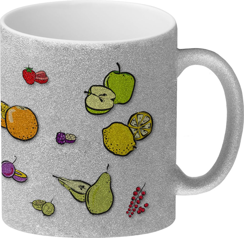 Glitzer-Kaffeebecher in weiß zum Thema Obst mit verschiedenen Früchten