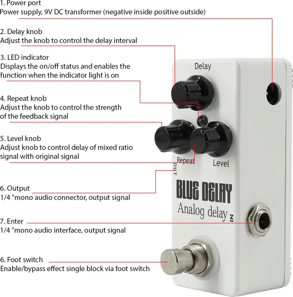 Pédale Delay Guitare avec Véritable Interrupteur Bypass en Alliage Zinc