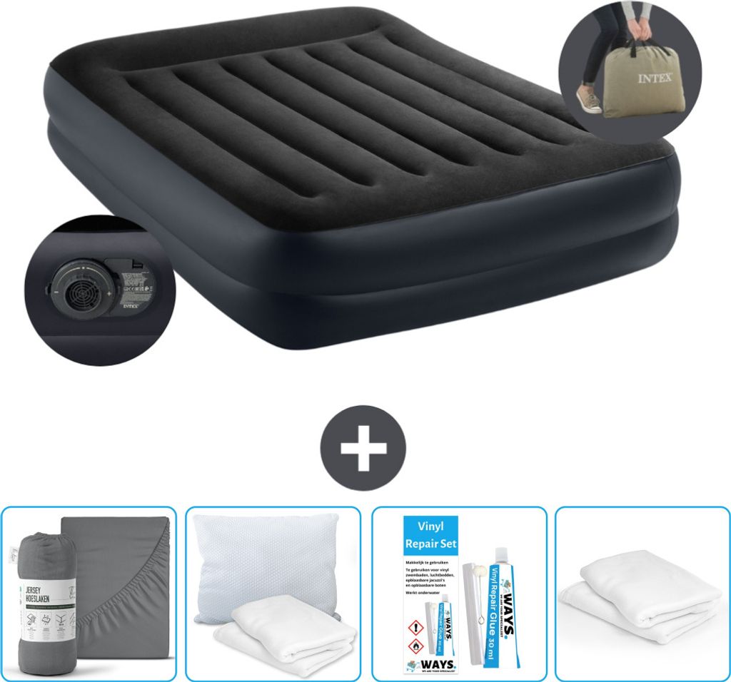 Intex Luftbett - 2 Personen - 152 x 203 x 42 cm - Blau - Inklusive Pumpe - Spannbettuch - Küssen - Reperaturset en Kissenschutz