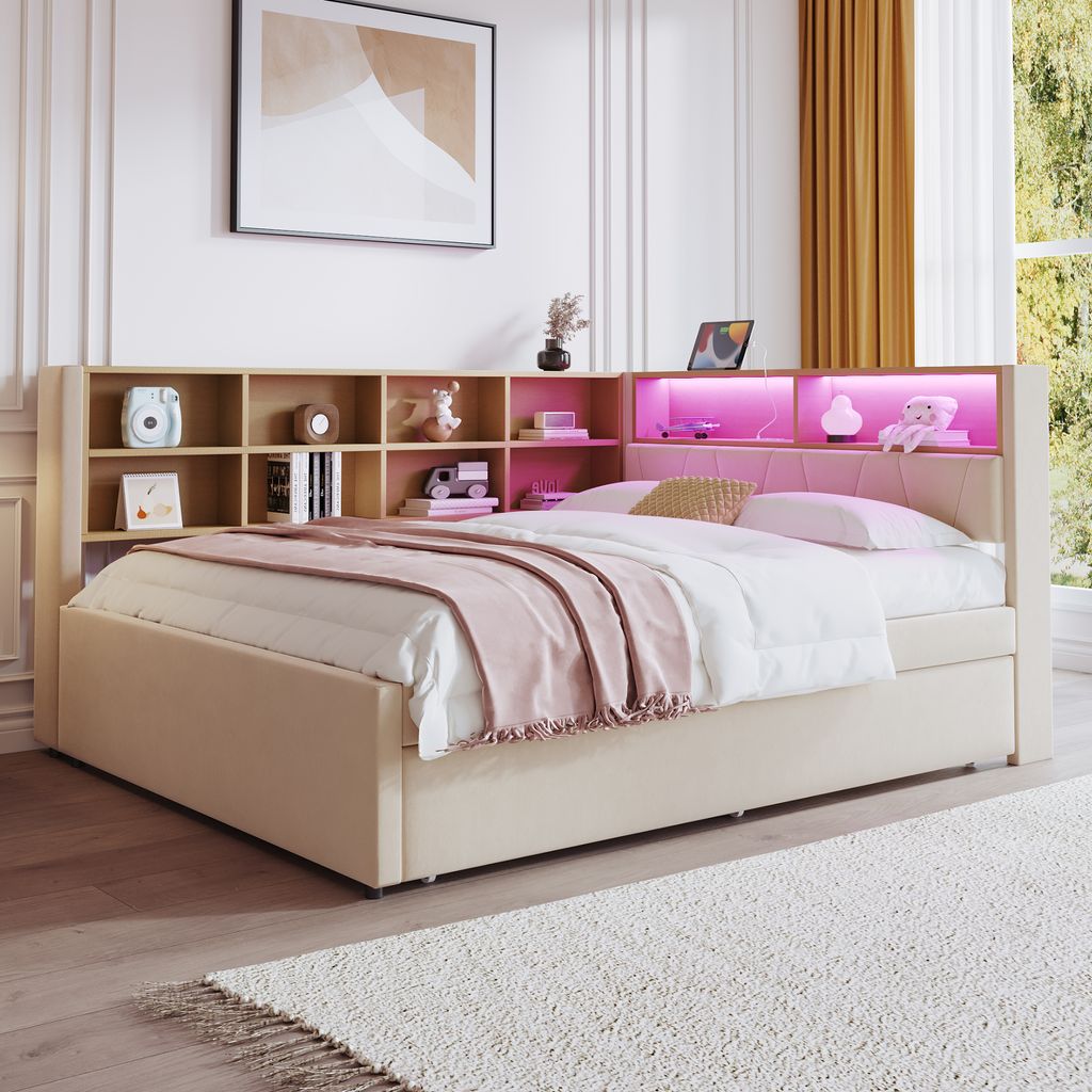 STILVORA Schlafsofa 140x200cm Daybett mit LED Leuchten & Steckdosen,Kinderbett mit vielen Ablagefächern,Dunkelgrau(ohne Matratze)
