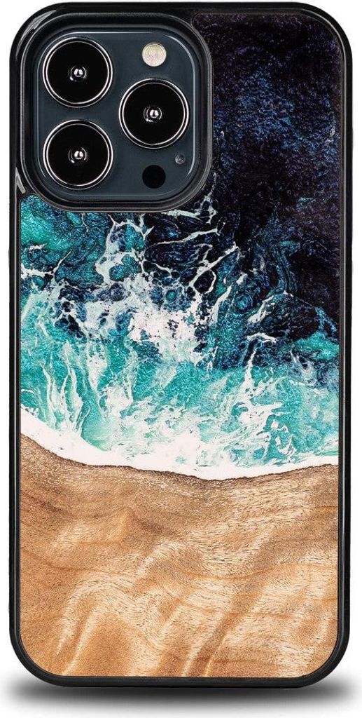 Holzhülle für iPhone 13 Pro, Bewood Unique Dream Island, Blau-Braun