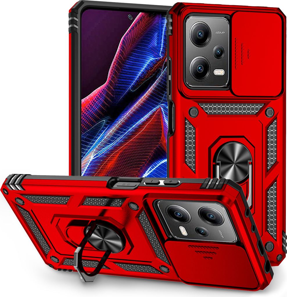 Redmi Note 12 Pro 5G Hülle mit Schiebe Kamera Schutz und Ringhalter Ständer Schutzhülle für Xiaomi Redmi Note 12 Pro 5G Rot