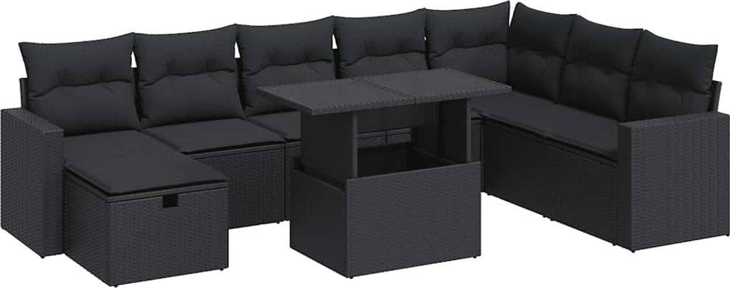 vidaXL 9-tlg. Garten-Sofagarnitur mit Kissen Schwarz Poly Rattan