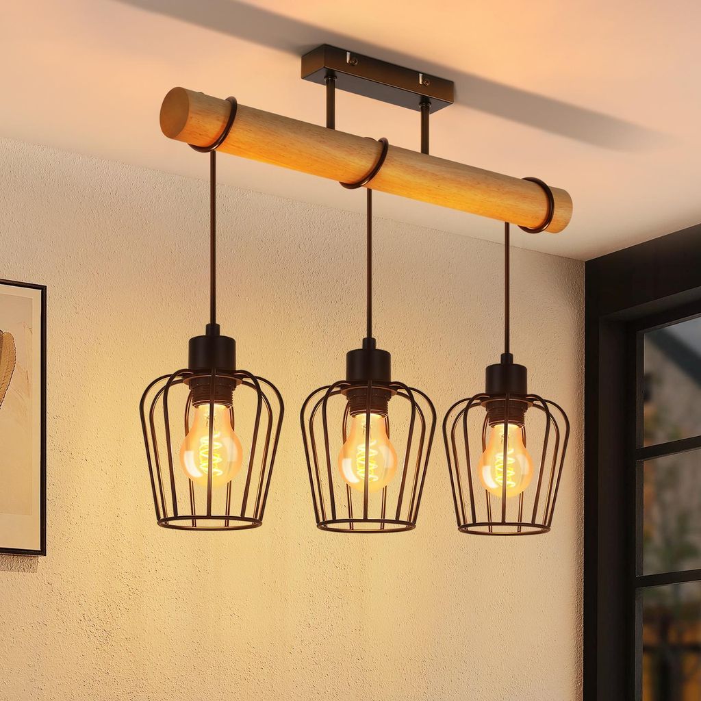 ZMH Deckenleuchte Wohnzimmer Vintage Deckenlampe Holz Schwarz Wohnzimmerlampe im Industrial Design aus Metall E27 Deckenbeleuchtung für Küche Ess...