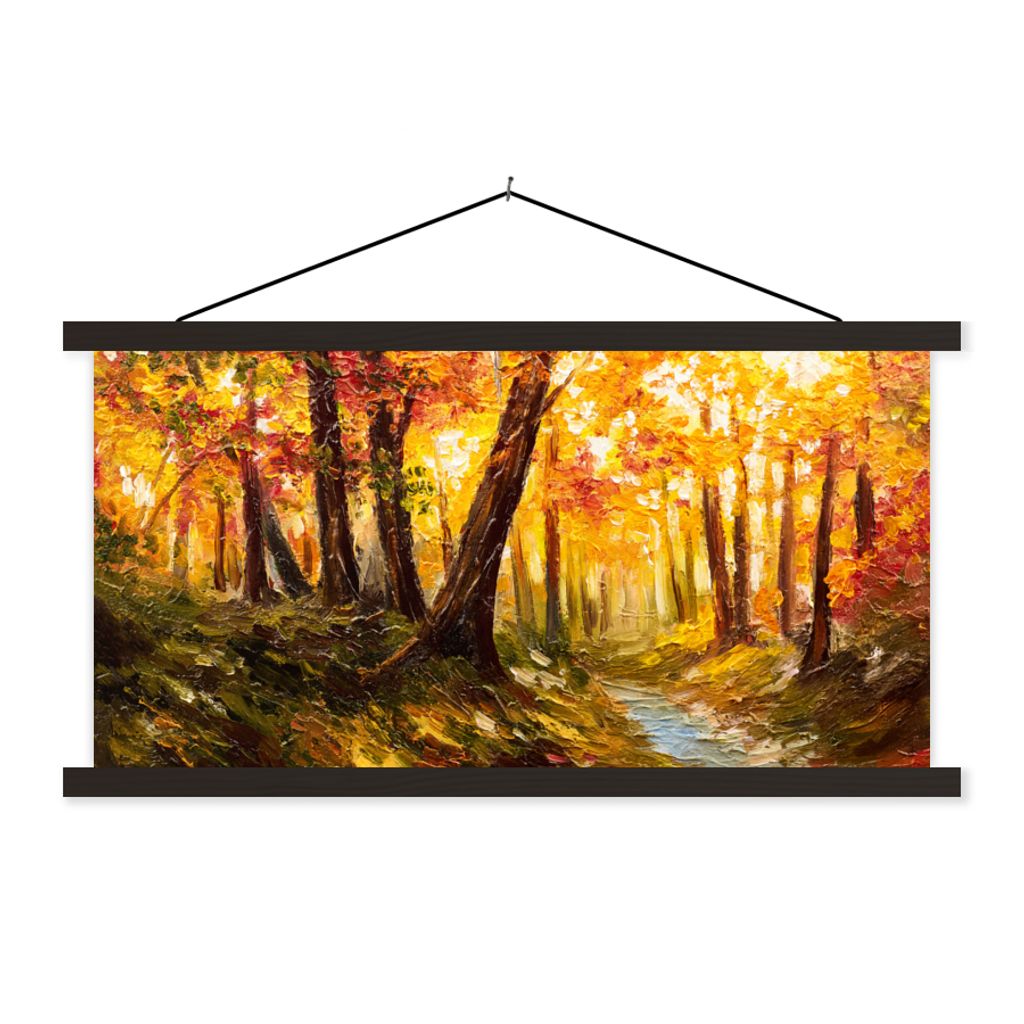 MuchoWow Textilposter Gemälde - Herbst - Wald - Ölgemälde 150x75 cm mit schwarzem Rahmen - Posterleiste