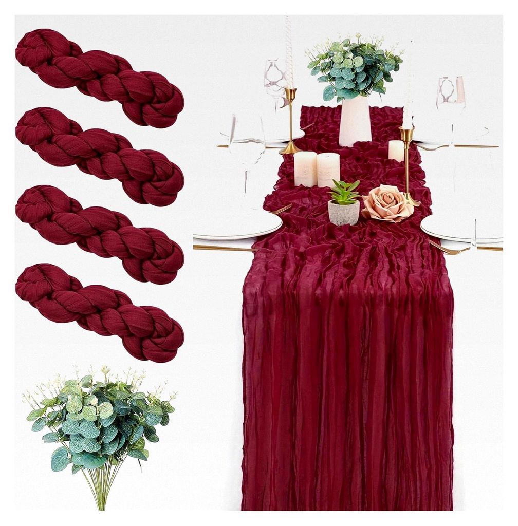 4 Stück Burgunderrote Musselin Tischläufer 90 x 300 cm mit 10 Eukalyptuszweigen für Hochzeiten, Brautpartys, Feiern und Bankettdekoration