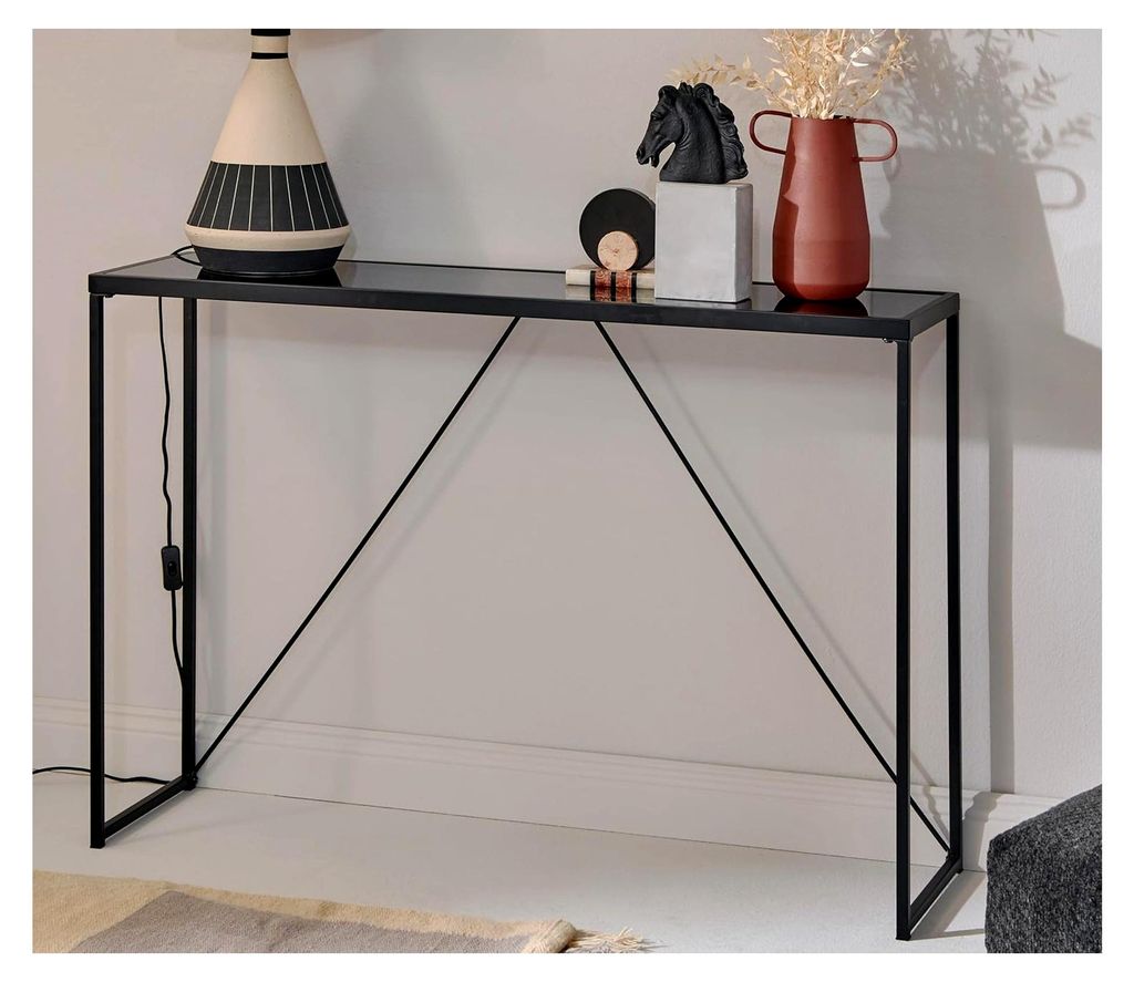 Konsolentisch Glam Console Schwarzglas/Schwarz, 30 cm Tiefe, 111,3 cm Breite, 76 cm Höhe