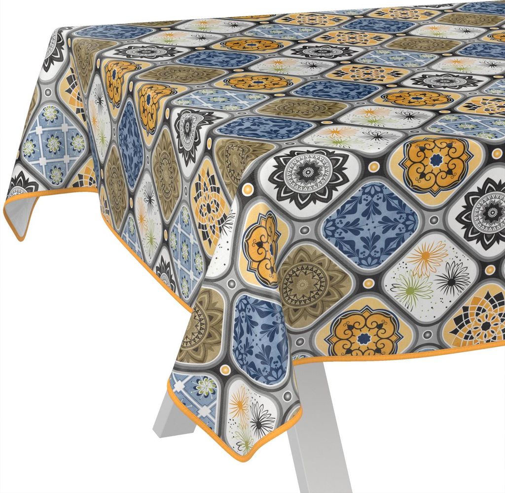 Tischdecke wasserabweisend abwaschbar Blau 160x140cm Band Fliesenmuster Porto Wachstuch Gartentischdecke