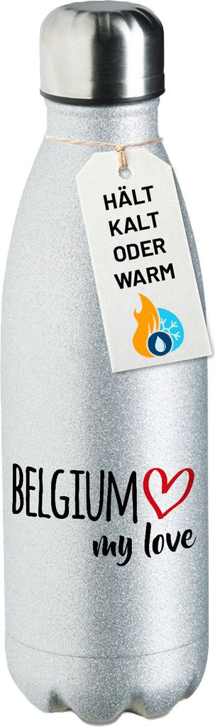 Huuraa Trinkflasche Belgium my love 500ml Silver Edelstahl Wasserflasche Trinkflasche Geschenkidee