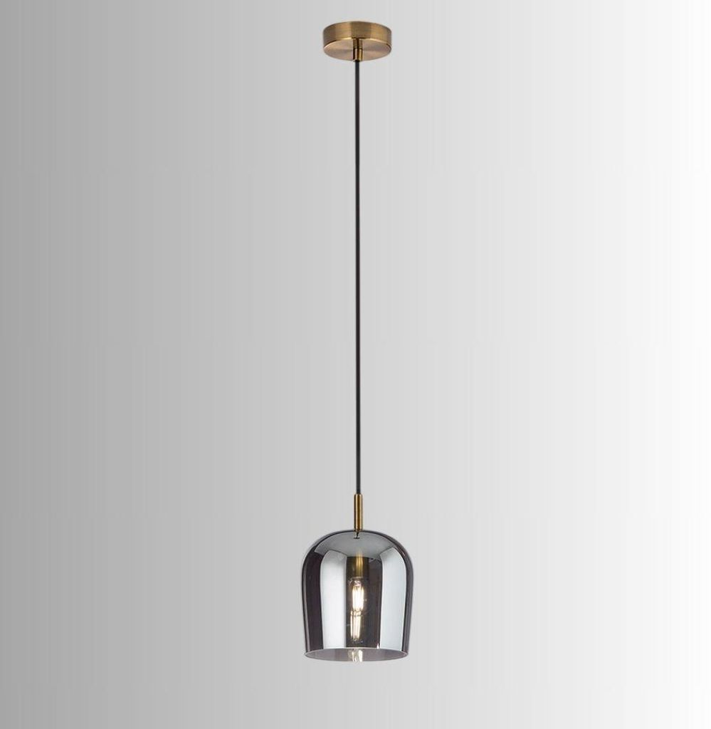 16 cm große Pendelleuchte aus Rauchglas, gebürsteter Goldrahmen, E14-Fassung, schwarzes Textilkabel für moderne Interieurs - Perenz