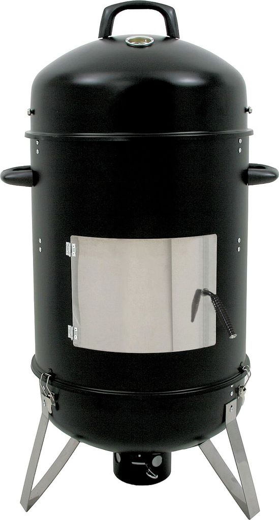 A black smoker barrel grill with silver accents and legs, shown from the front on a white background.
