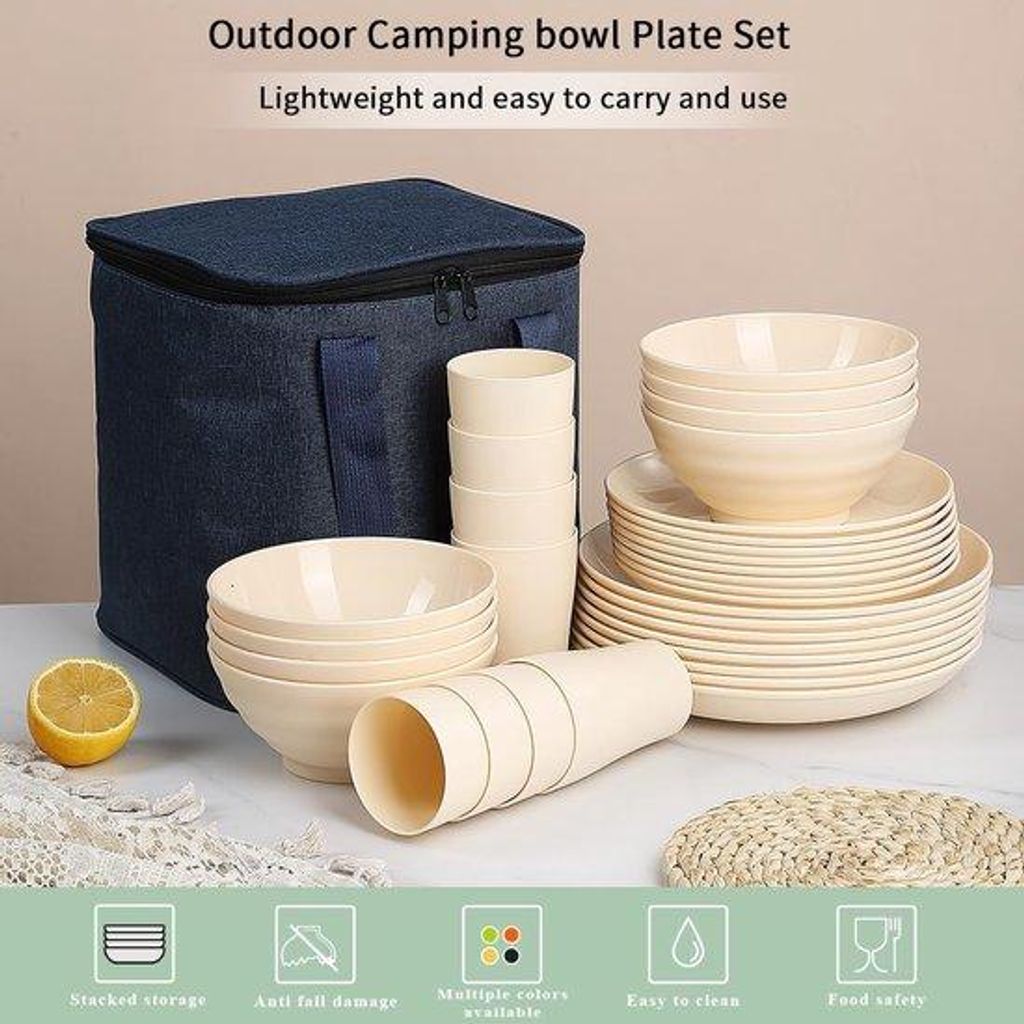 Kunststof Servietten 32-teilig für 8 Personen, Herstellbare, Leichte Tassen, Teller, Schalen für Camping, Picknick und Alltag, Waschmaschinetaugl...