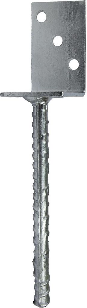 A single metal post anchor with an L-shaped bracket and three holes.