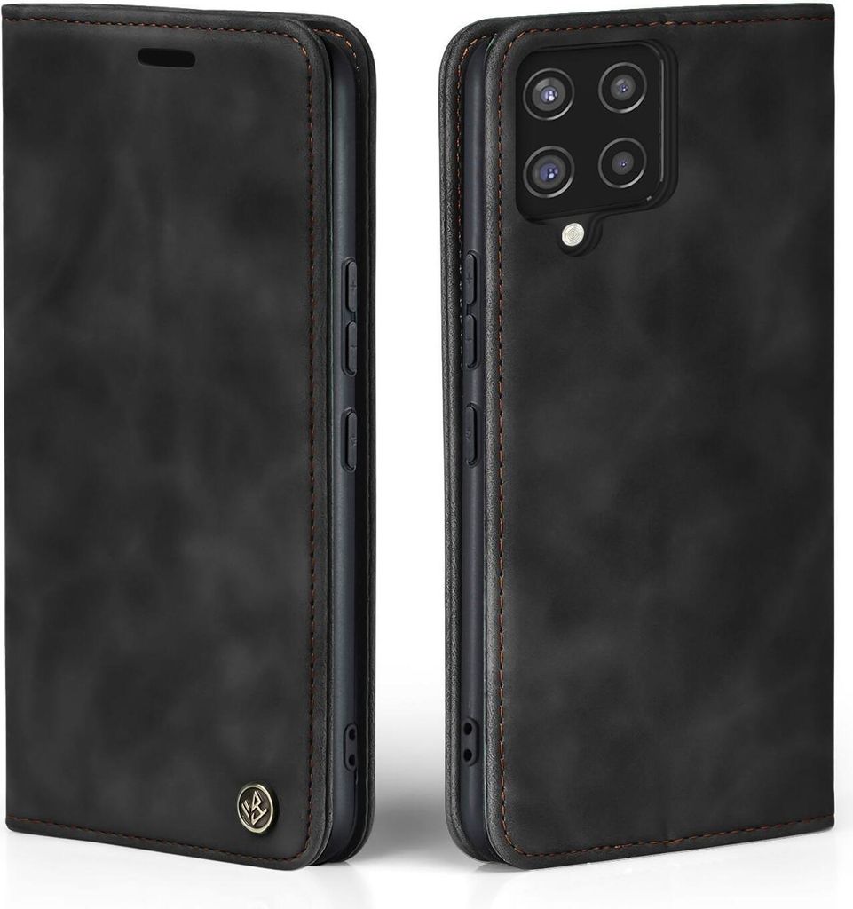 A black flip case for a Samsung Galaxy A42 phone, shown from two angles.