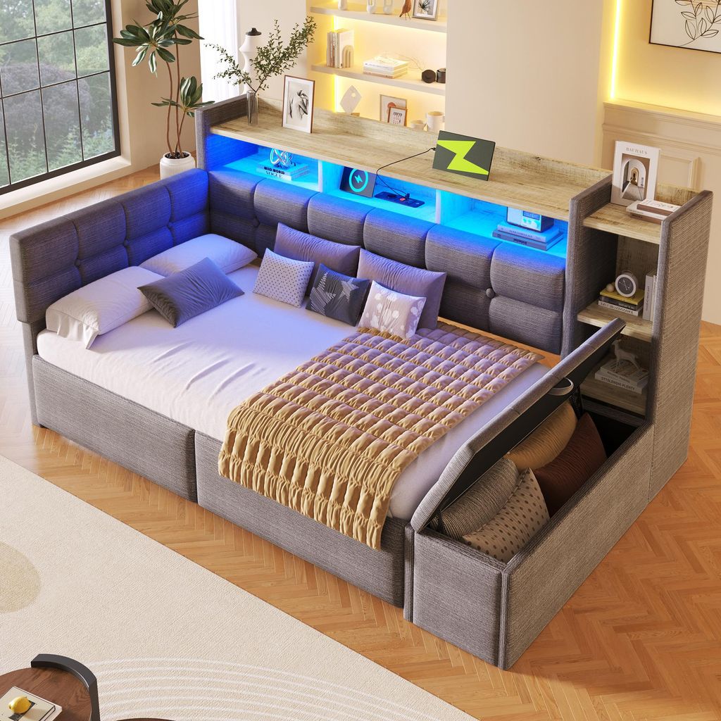 STILVORA Tagesbett 90x190 cm mit zwei Schubladen und USB- sowie Typ-C-Anschlüssen, Daybett mit Ablagefach und Stauraumbank am Fußende, Schlafsofa...