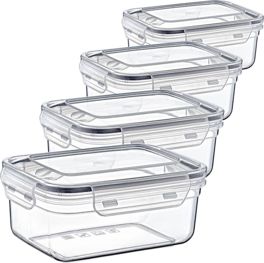 A stack of four clear plastic food storage containers with gray locking lids, arranged diagonally.