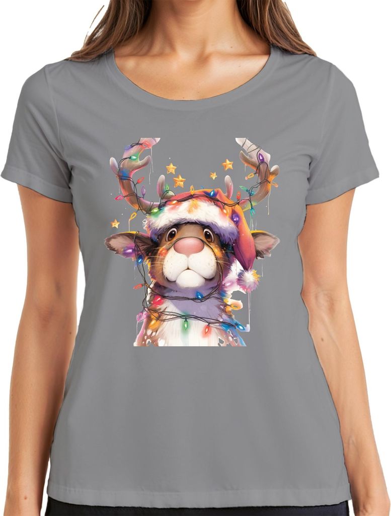 Rentier Lichterkette Weihnachten niedlich Geschenk Retro Damen T-Shirt, Grau, XXL