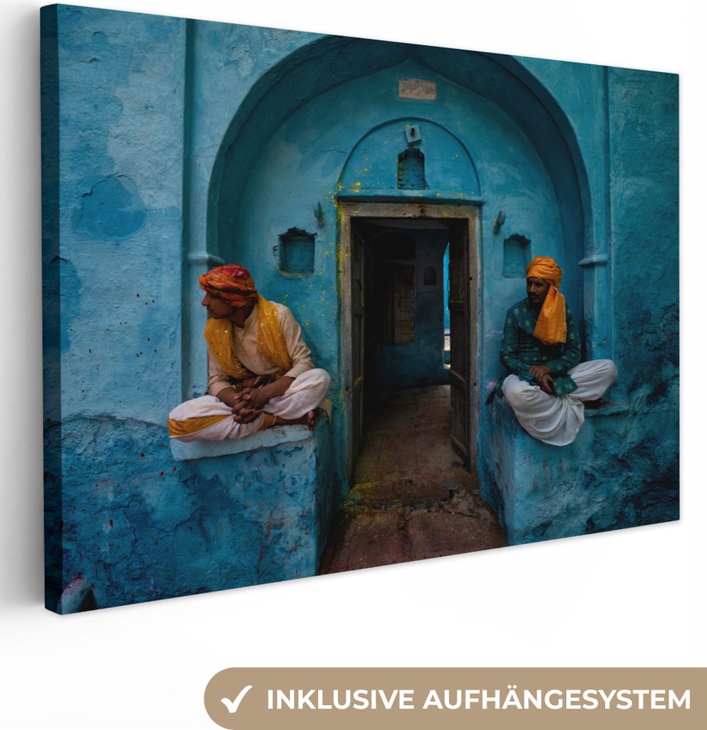 OneMillionCanvasses - Leinwandbilder - 150x100 cm, Tür - Mann - Blau - Architektur, Wandbilder Kunstdruck Wanddekoration - Foto auf Leinwand - G...