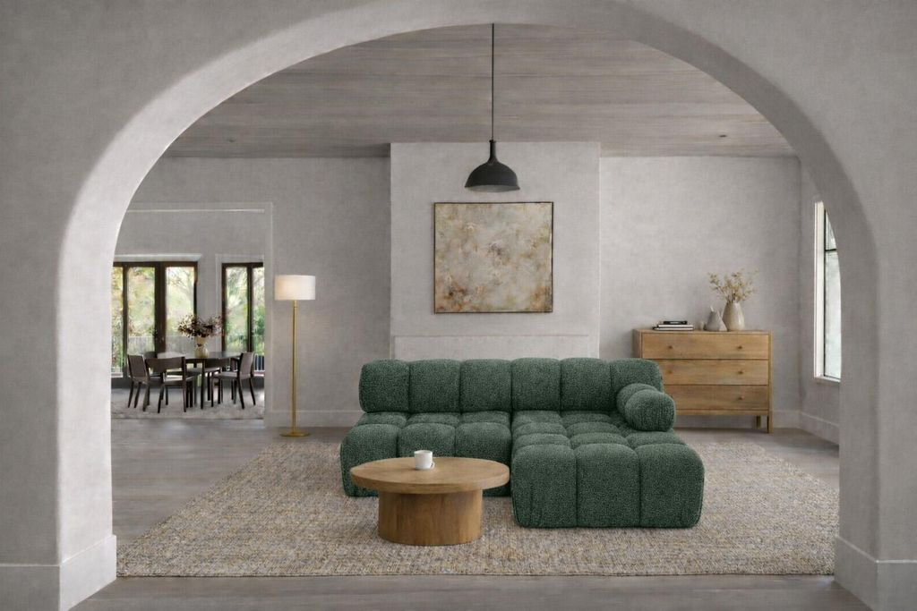 Kaiser Möbel Ecksofa L-Form Mini II modular, Bouclé-Stoff Abriamo, Dunkelgrün, Rechts, Selia