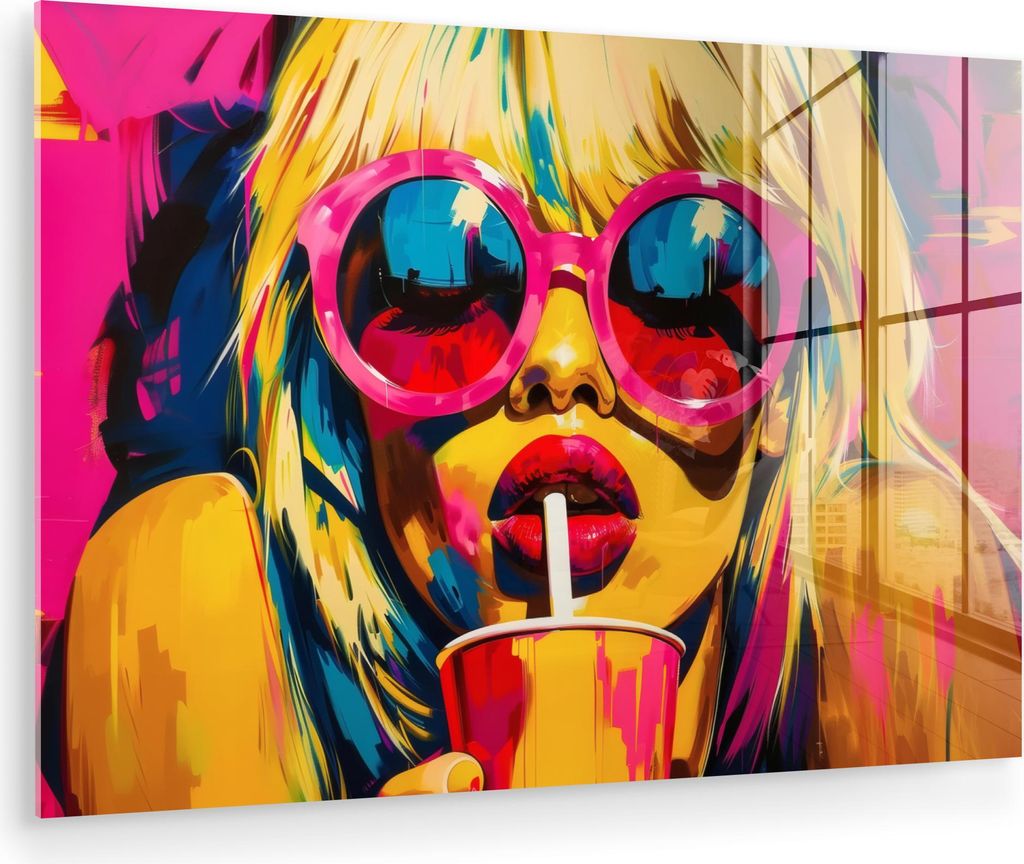MuchoWow Glasbilder - Bilder auf Wandbild - Foto auf Glas Sonnenbrille - Rosa - Frau - Stroh 120x80 cm Wanddekoration aus Glas - Acrylglasbild - Ac...