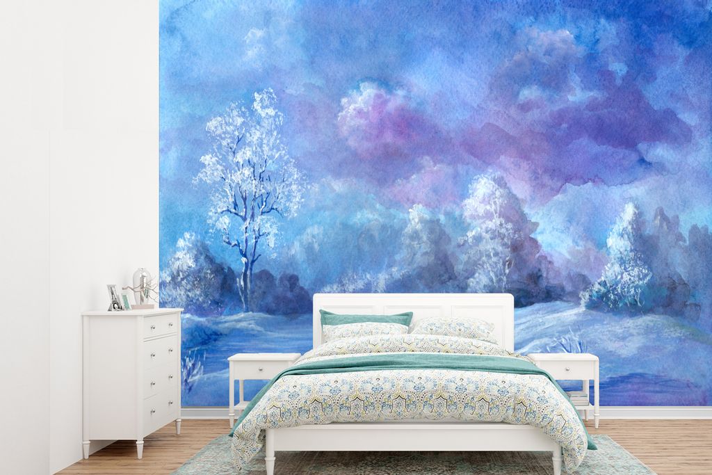 MuchoWow Fototapete für Wohnzimmer oder Schlafzimmer Wandtapete Vinyl Motivtapete Aquarell - Schnee - Wald - 305x220 cm - Wandbilder