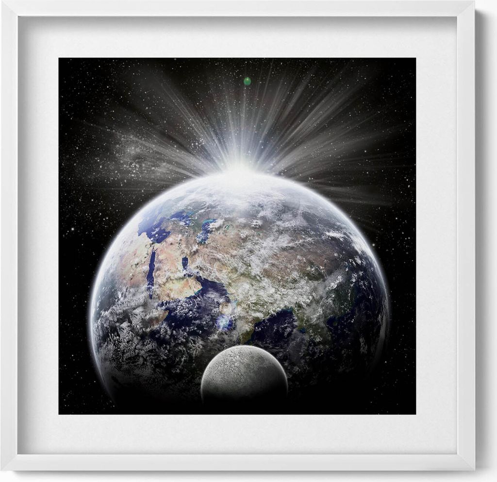 Ansicht der Erde und des Mondes– Wandbild mit Rahmen – Gerahmtes Bild – Wanddekoration – 50x50 cm – Weiß Rahmen