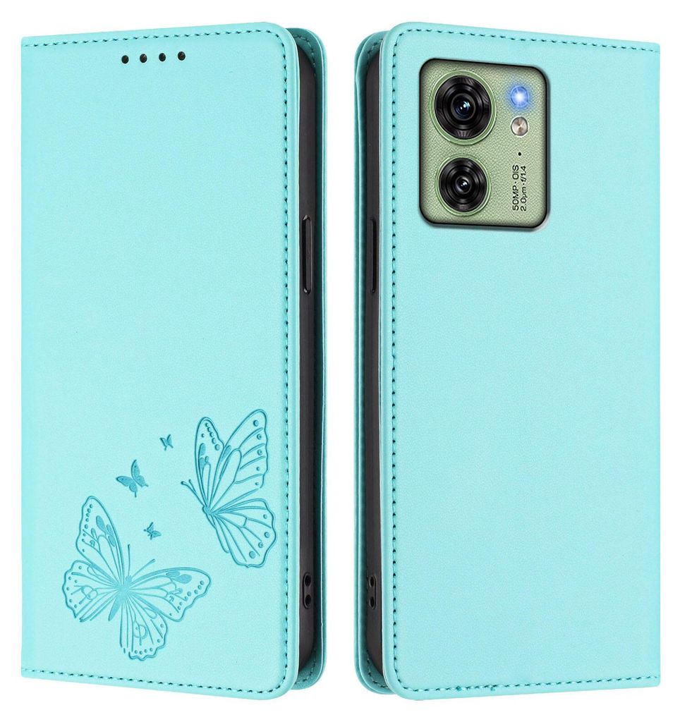 Lederhülle für Motorola Edge 40, Schmetterling Prägung Leder Brieftasche Schutzhülle mit Ständer Türkis