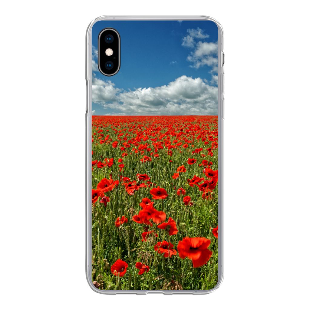 MuchoWow Handyhülle Schutzhülle Hülle für iPhone Xs Schneeweiße Wolken über einem Mohnblumenfeld Silikon Softcase Handy Hülle - Handytasche