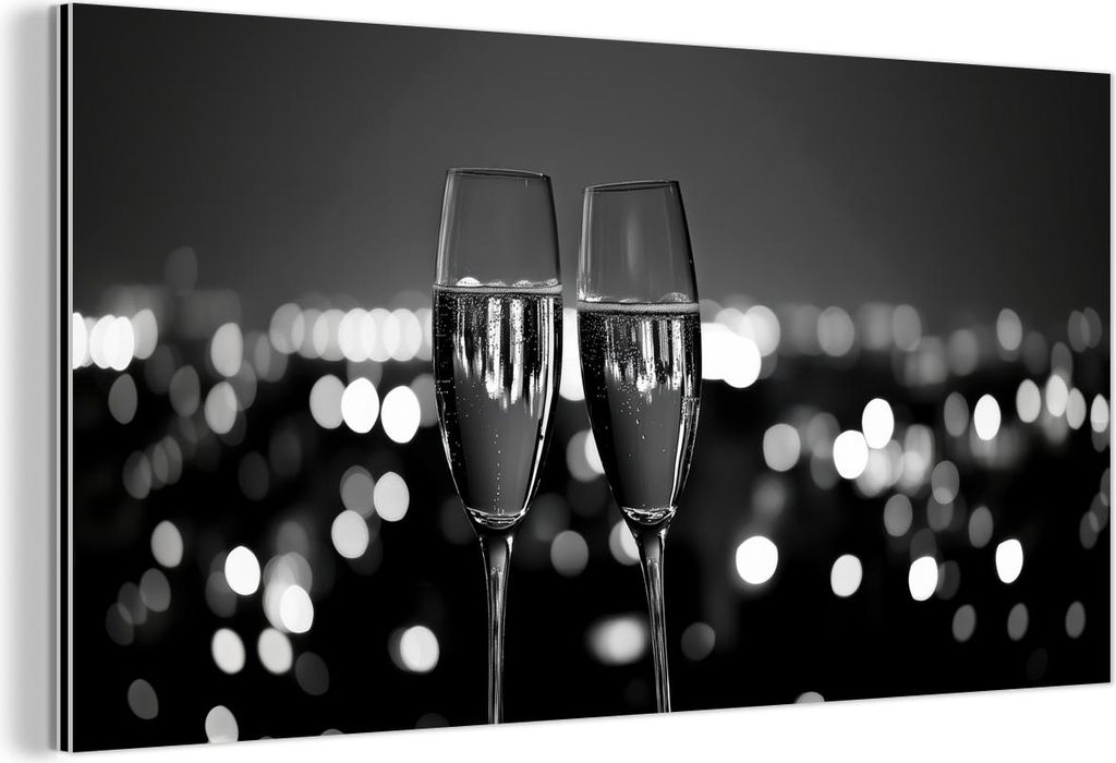 MuchoWow Wanddekoration Metall Metallbild Wandkunst 120x60 cm Seifenblasen - Prost - Champagnergläser - Lichter der Stadt MuchoWow Aluminium Gemä...