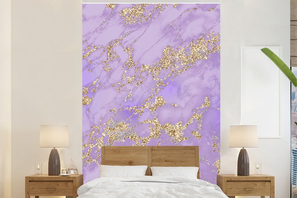 MuchoWow Fototapete für Wohnzimmer oder Schlafzimmer Wandtapete Vinyl Motivtapete Marmor - Gold - Lila - 145x220 cm - Wanddekoration