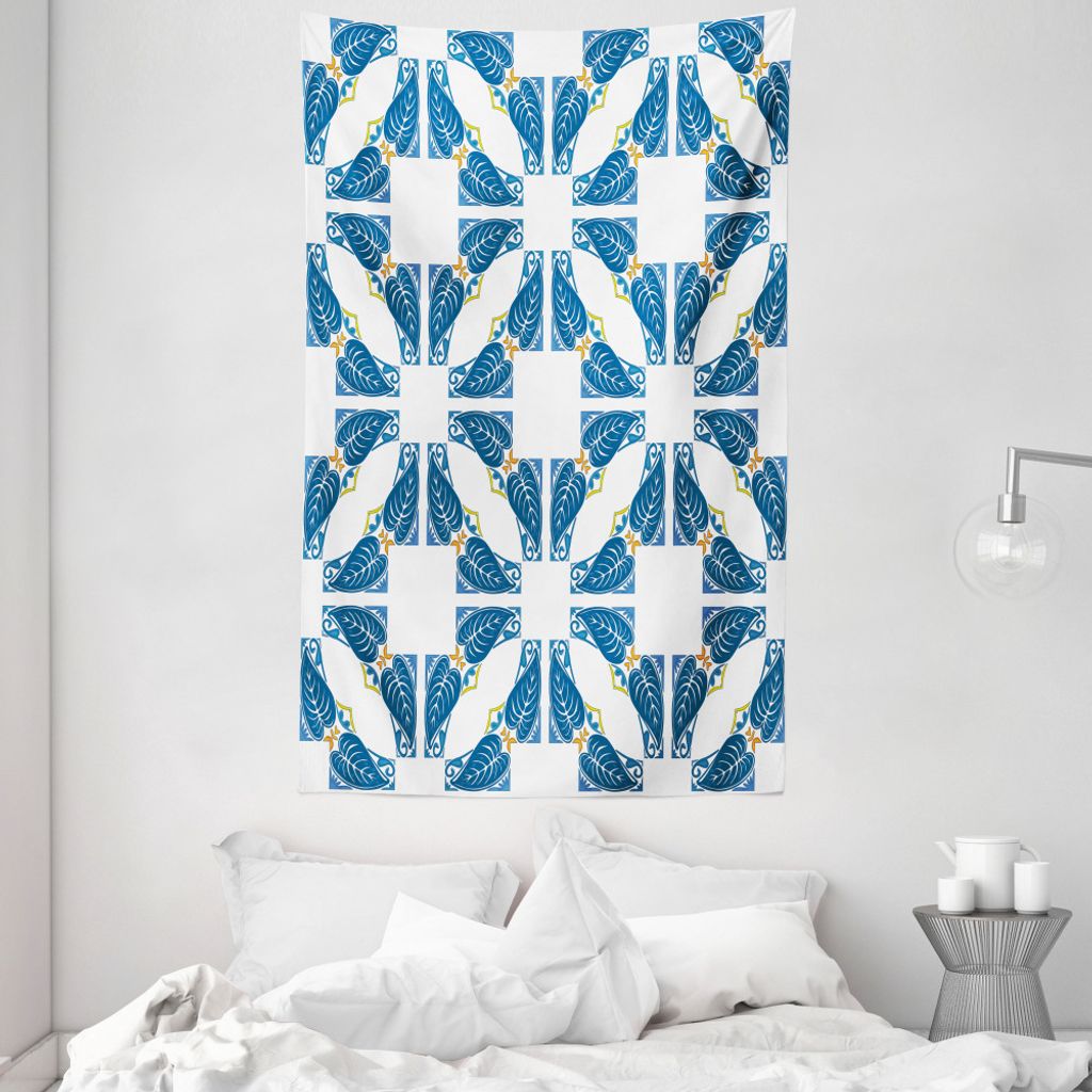 ABAKUHAUS Jahrgang Wandteppich und Tagesdecke, Marokkanische blaue Blätter aus Weiches Mikrofaser Stoff Waschbar ohne Verblassen Digitaldruck, 140...