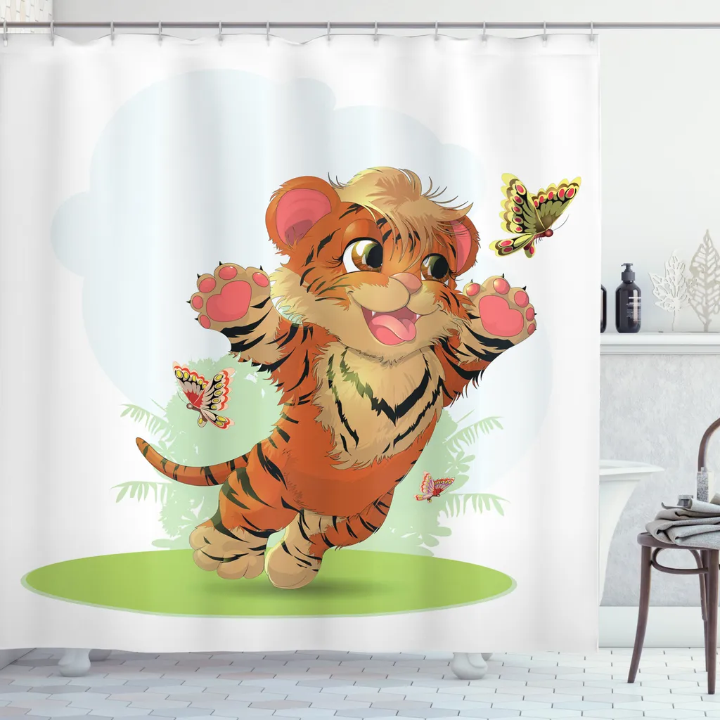 ABAKUHAUS Tenda da doccia con caricature, Cub con farfalle, con set di 12 anelli Impermeabile Elegante Moderna Colori resistenti e antimuffa, 175 x 180 cm, arancione crema verde