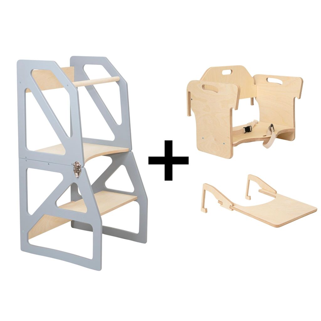 leg&go Verstellbarer Lernturm 2-in-1 Modustep Grau Set - Montessori Lernturm mit Fütterungsstuhl & Tisch