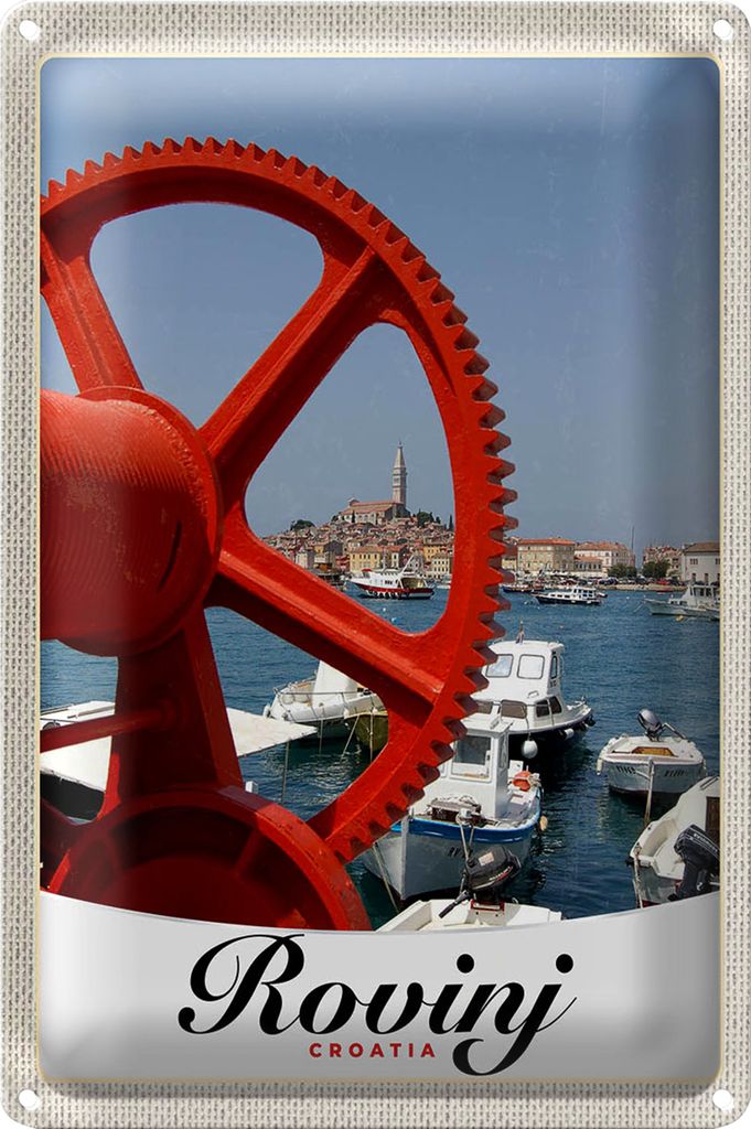 Blechschild Reise 18x12cm Rovinji Kroatien Boote rot Haus
