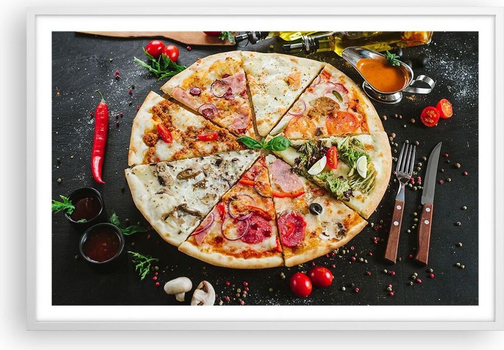 Gerahmtes Poster - Weißer Rahmen - Pizza Käse Tomaten - 91,5x61 cm - Wand Bild - Wanddeko - Wandbilder - Kunstposter - Wandposter - Bilderrahmen ...
