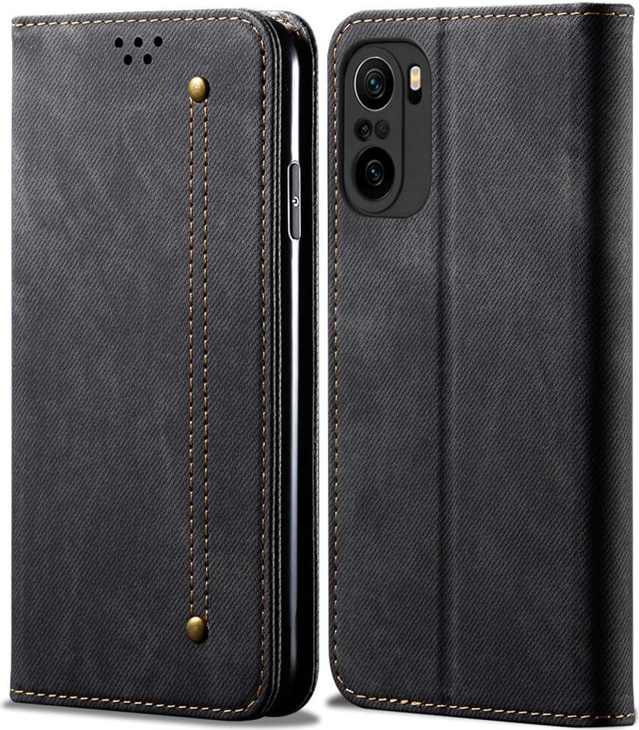 Xiaomi Poco F3 Hülle, LaimTop Denim Leder Brieftasche Magnetverschluss Flip Bookstyle Schutzhülle mit Standfunktion für Xiaomi Poco F3 Schwarz