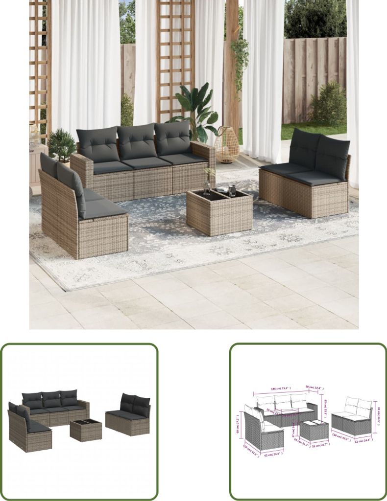 The Living Store 8-tlg. Garten-Sofagarnitur mit Kissen Grau Poly Rattan
