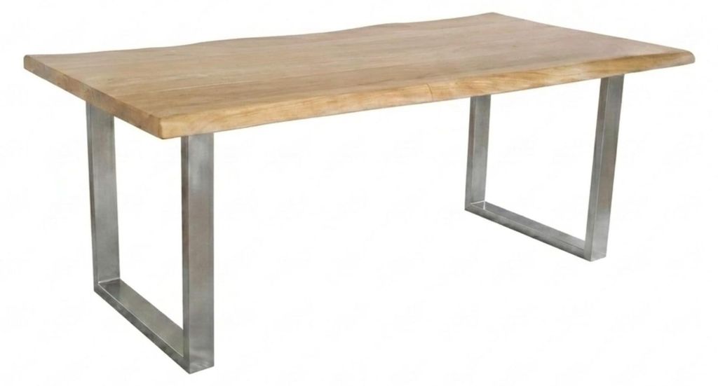 Baumkantentisch Cali 240 x 100 cm, Akazienholz massiv Eiche-Optik, 50 mm Tischplatte, Esstisch mit U-Metallgestell Silber, Industrial-Design