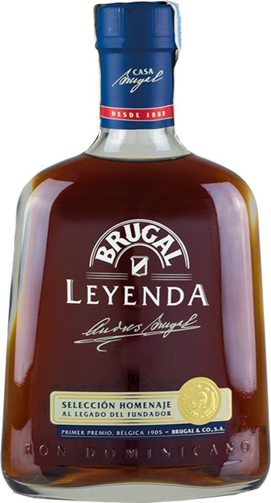 A bottle of Brugal Leyenda rum on a white background.