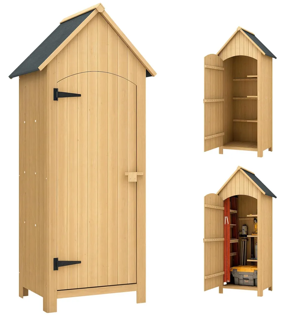 Rangement extérieur bois pour outils avec toit étanche et 3 rayonnages