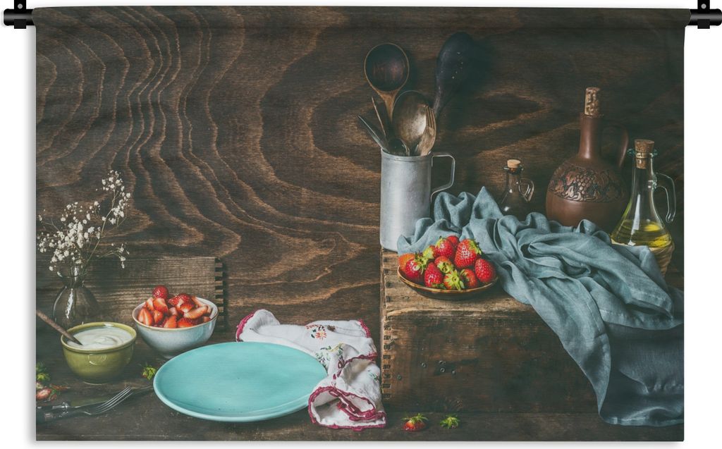 MuchoWow Wandteppich Wandbehang Rustikal - Obst - Küchenutensilien - Erdbeere 60x40 cm Tapisserie Dekoration Wandtuch - Wanddekorationen