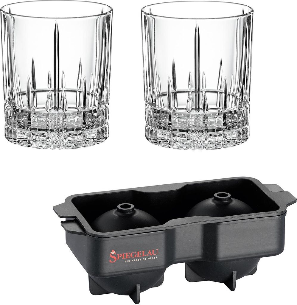 Spiegelau Perfect Serve Ice Ball Set, 2 DOF Tumbler + Eisball-Form, Glas, Transparent, 368 ml, 4500276