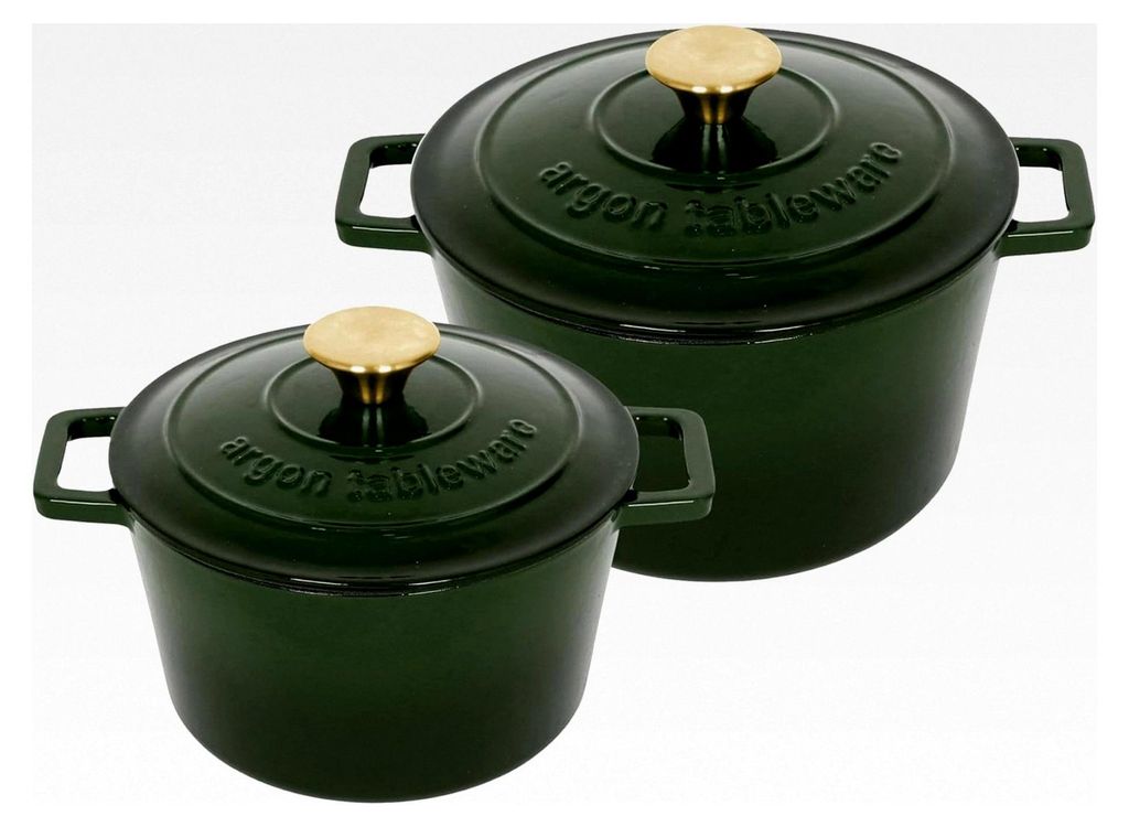 Runde Gusseisen-Auflaufform mit selbstbefeuchtendem Deckel - 4,5L / 2,8L - Grün - 2 Stück für Induktionskochfelder, Kochen, Schmoren, Brotbacken...